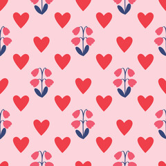 Cute seamless pattern with hearts and flowers for gift wrap, Valentine's Day, birthday, Mother's Day, wedding. Vector.