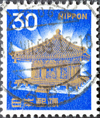 Japan - circa 1968: a postage stamp from Japan, showing Chusonji Temple