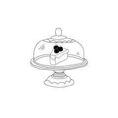 Slice of cherry cake in cute cloche vector illustration. Doodle hand drawn style.