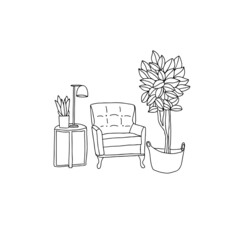 Hand drawn of minimalistic monochrome mid century furniture, comfortable couch sofa chair with plants basket, table lamp. Doodle vector illustration