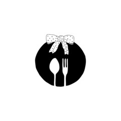 Vector illustration of black simple plate with spoon, fork, and bow. Hand drawn doodle style