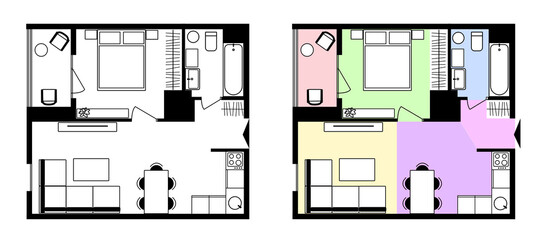 Apartment floor plan. The project is ergonomic arrangement of furniture in space. 2D plan of apartment building. Vector.