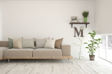 White living room with sofa. Scandinavian interior design. 3D illustration