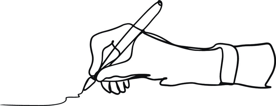 Continuous line drawing of hand drawing a line. Vector illustration for banner, poster, web, template, business card. Black thin line image of hands writing icon