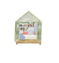 Watercolor painting a country house, gazebo, shed, place to rest in the garden with bed, pillow, plants