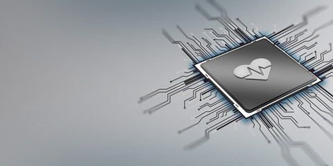 Heartbeat Symbol is Over A Chip Connected To Futuristic Electronic Circuit