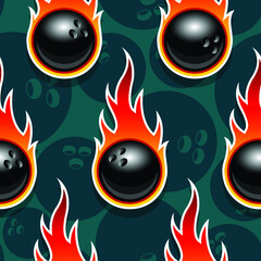 Seamless vector pattern with bowling ball icons and flames