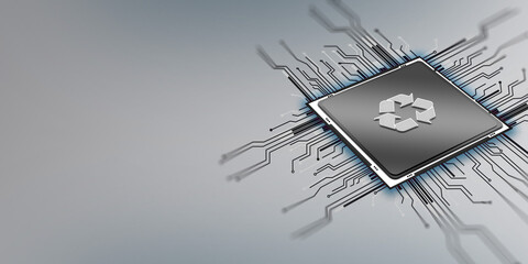 Recycling Symbol is Over A Chip Connected To Futuristic Electronic Circuit
