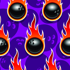 Seamless vector pattern with bowling ball icons and flames