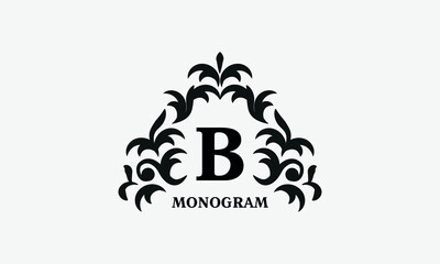 Elegant floral logo design template for letter B. Calligraphic dark elegant ornament on white background. Business sign, identity monogram for restaurant, boutique, hotel, heraldic, jewelry.