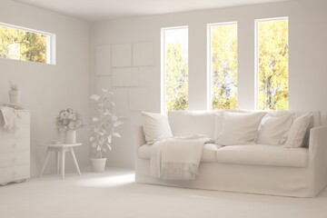 Mock up of stylish room in white color with sofa. Scandinavian interior design. 3D illustration