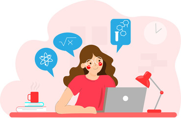 Woman is working with notebook in university or office and thinking about science and business