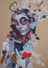 Collage portrait of a woman with clippings from magazines and different textures on craft cardboard.