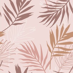 Seamless vector pattern with palm leaves in pink, powder, beige, terracotta colors. Fashionable design for beauty, textile, interior decoration, background, wallpaper, wrapping etc.
