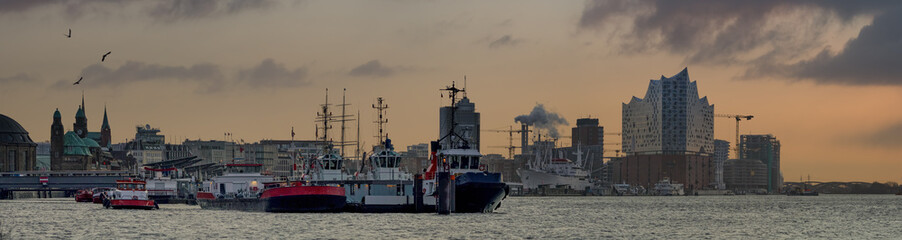 Morning panorama in Hamburg harbor with Elbphilharmonie concert hall