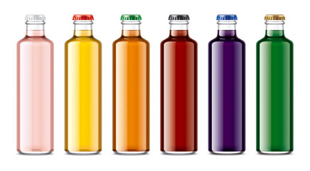 Set of Glass Bottles with transparent Juices.  