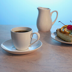 a cup of tea and a piece of delicious fruit cake on a light wooden table