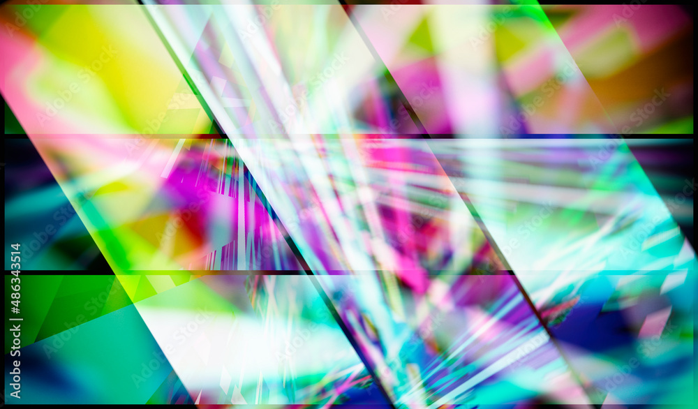 Poster abstract composition of multi-colored rays and light reflections divided into fragments, 3d renderin