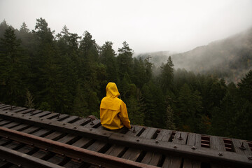 Person sitting on a trestle bridge looking at the misty mountains.
