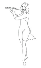 Silhouette of a beautiful woman with a flute in a modern continuous line style. Flute girl, slender. Continuous line drawing, decor aesthetic outline, posters, stickers, logo. Vector illustration.
