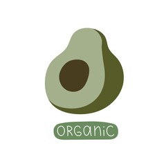 organic. cartoon avocado, hand drawing lettering. Colorful flat vector illustration. design for prints, posters, cards