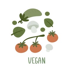 vegan. cartoon tomato, peas, champignon, hand drawing lettering. Colorful flat vector illustration. design for prints, posters, cards
