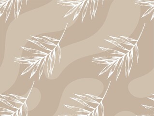 Seamless vector pattern with palm leaves in beige, light brown. Fashionable design for beauty, textile, interior decoration, background, wallpaper, wrapping. Summer, tropical, voyage, beach vibe.