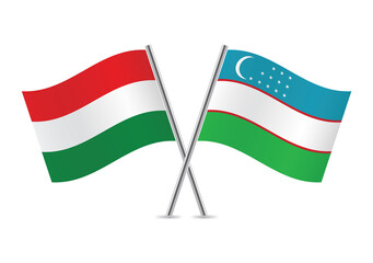 Hungary and Uzbekistan crossed flags. Hungarian and Uzbek flags, isolated on white background. Vector icon set. Vector illustration. 