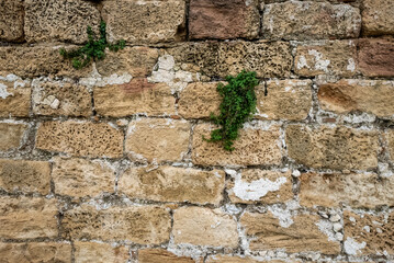 Antique natural stonewall. Israel. Caesarea. Texture Background. Old Wall. Yellow Brick Ancient Wall