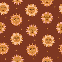 Seamless pattern of colorful abstract Suns with faces and stars. Ethnic bohemian style. Vector background.