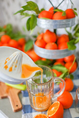 Freshly squeezed mandarin orange juice with glass pitcher, glass jars and aluminum reusable straws.