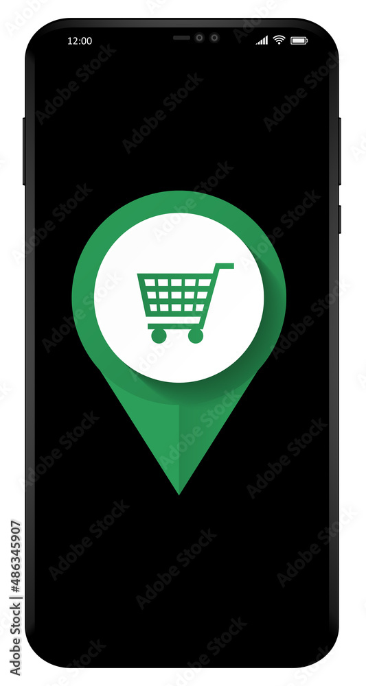Aufkleber Vector smartphone mockup. Front view of modern  mobile phone with online store pointer icon. Shopping cart symbol.
