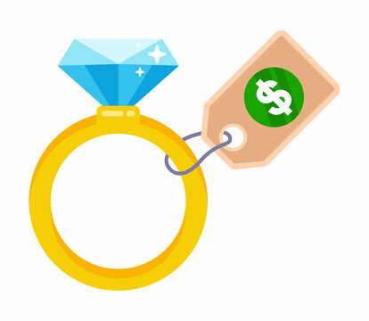 Gold Ring With Diamond And Cardboard Price Tag. Flat Vector Illustration.