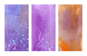 Watercolor backgrounds for vertical orientation banners. Blue, violet and lilac orange colors with light and dark small splashes. Abstract stars or snowflakes.
