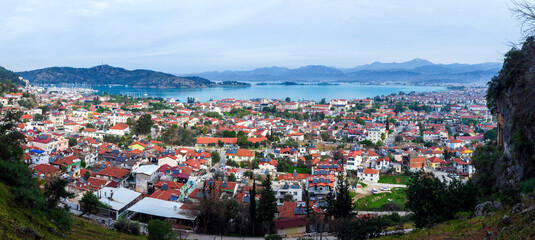 Turkish city of Fethiye. panorama of the city and the mountains.