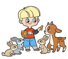 Cute cartoon boy feeds rabbits and goat with carrot pieces outlined for coloring page on white background