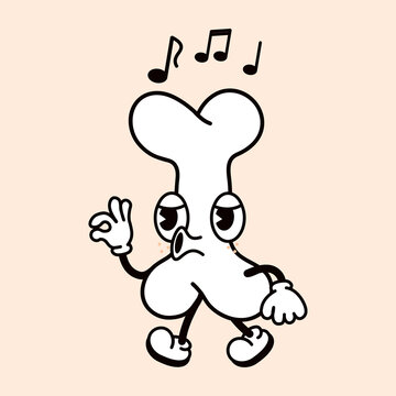 Cute funny bone walking singing character. Vector hand drawn traditional cartoon vintage, retro, kawaii character illustration icon. Isolated on white background. Happy bone walk and sing character