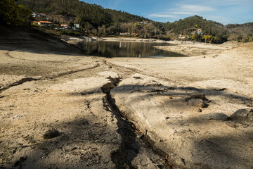 Dry soil and very low water reservoir level in Ermal, north of Portugal due to drought in this time...
