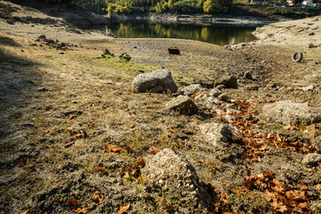 Very low water reservoir level in Ermal, north of Portugal due to drought in this time of the year - February 2022. Normally this part of the reservoir is usually full of water