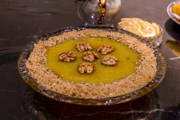 Azerbaijan Shamakhi dessert made from saffron and walnuts: Shamakhi sucuq