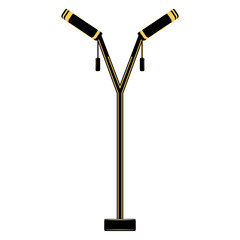 Floor lamp, lighting equipment at home. Double lampshade with hanging switch. Floor lamp for the room. Lampshade design, stylish interior. Vector icon, flat, black, yellow, isolated