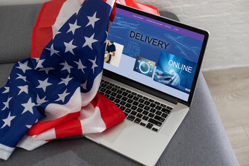Box and USA America flag, Import Export Shopping online or eCommerce finance delivery service store product shipping, trade, supplier concept.