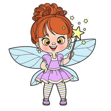 Cute cartoon little fairy with a magic wand color variation for coloring on white background