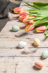 Easter eggs and blossom tulips on background. Top view flat lay.Bright pink and yellow tulip spring flower . Easter composition