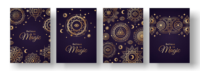 Posters Set with Sacred Geometry Forms, Moon and Sun. Occult and mystic vector illustrations for stories templates, mobile app, web page design. Tarot magic, occultism, astrology concept.