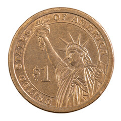 One dollar coin. Metallic golden - copper circle coin. Money United States of America. Statue of Liberty. American cash. Financial marketplaces. High quality macro photo. Isolated white background. 