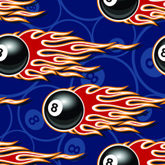 Fototapeta na wymiar 8 ball with fire flame billiard vector seamless pattern digital paper design