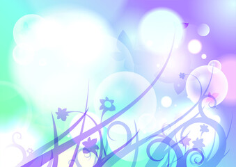 Spring vector fantasy background with butterflies, flowers and bokeh lights backdrop