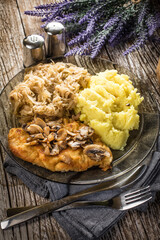 Breaded pork chop with mushrooms.