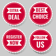 Red stickers. Paper sticker set, badges vector templates. Extra deal. Register now. Best choice. Follow us	
